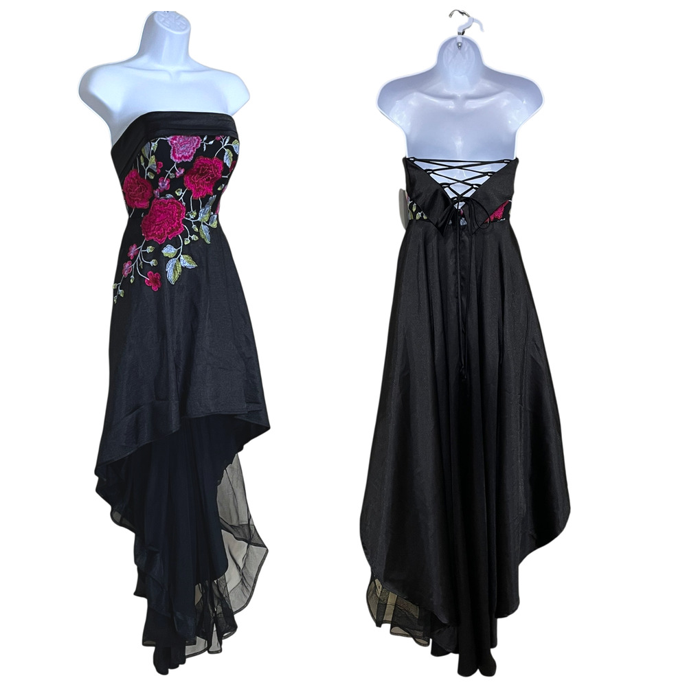 NWT Floral Embroidered Corset Hi-Low Formal HOCO Dress Size 3 Fairy Black Goth
